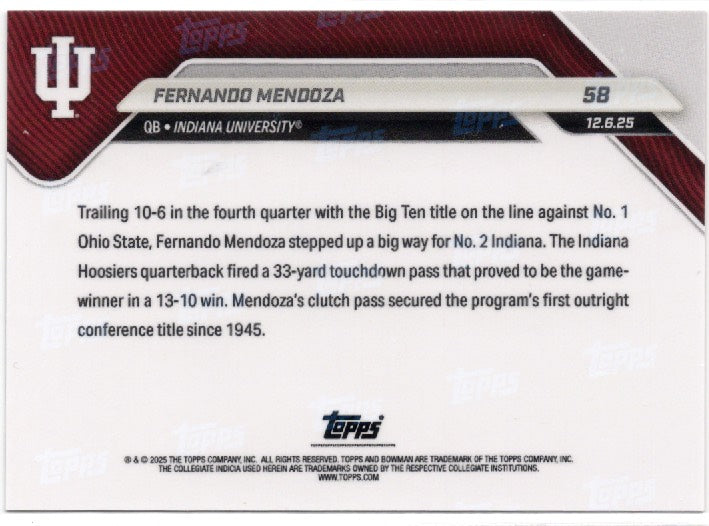 2025 Topps Bowman U Now Fernando Mendoza #58 Orange Foil /25 Indiana Hoosiers Rookie RC Football Card