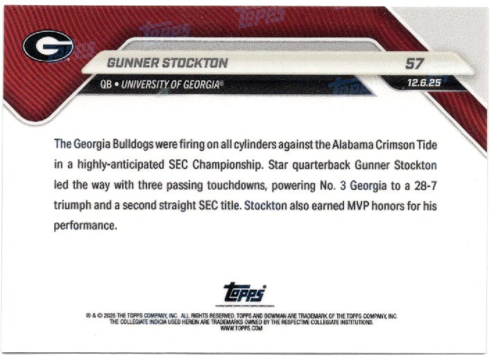 2025 Topps Bowman U Now Gunner Stockton #57 Gold Foil /50 Georgia Bulldogs Rookie RC Football Card