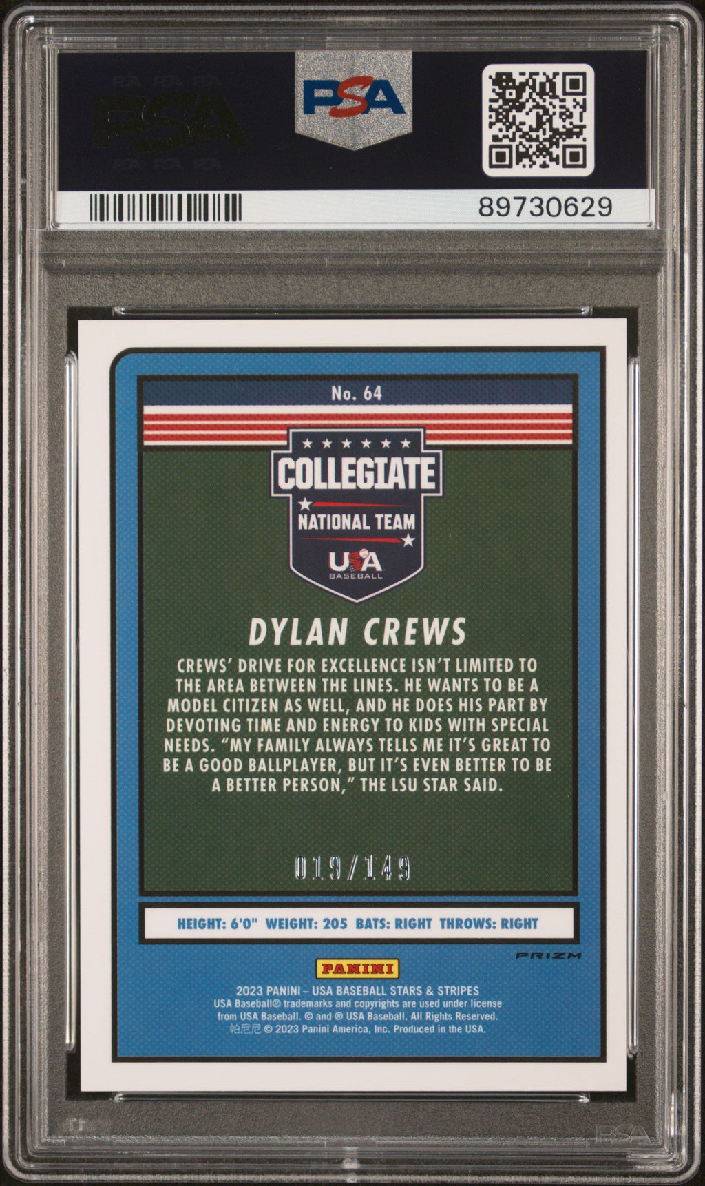 Graded 2023 Panini Stars & Stripes USA Dylan Crews #64 Red /149 Rookie RC Baseball Card PSA 10 Gem Mint