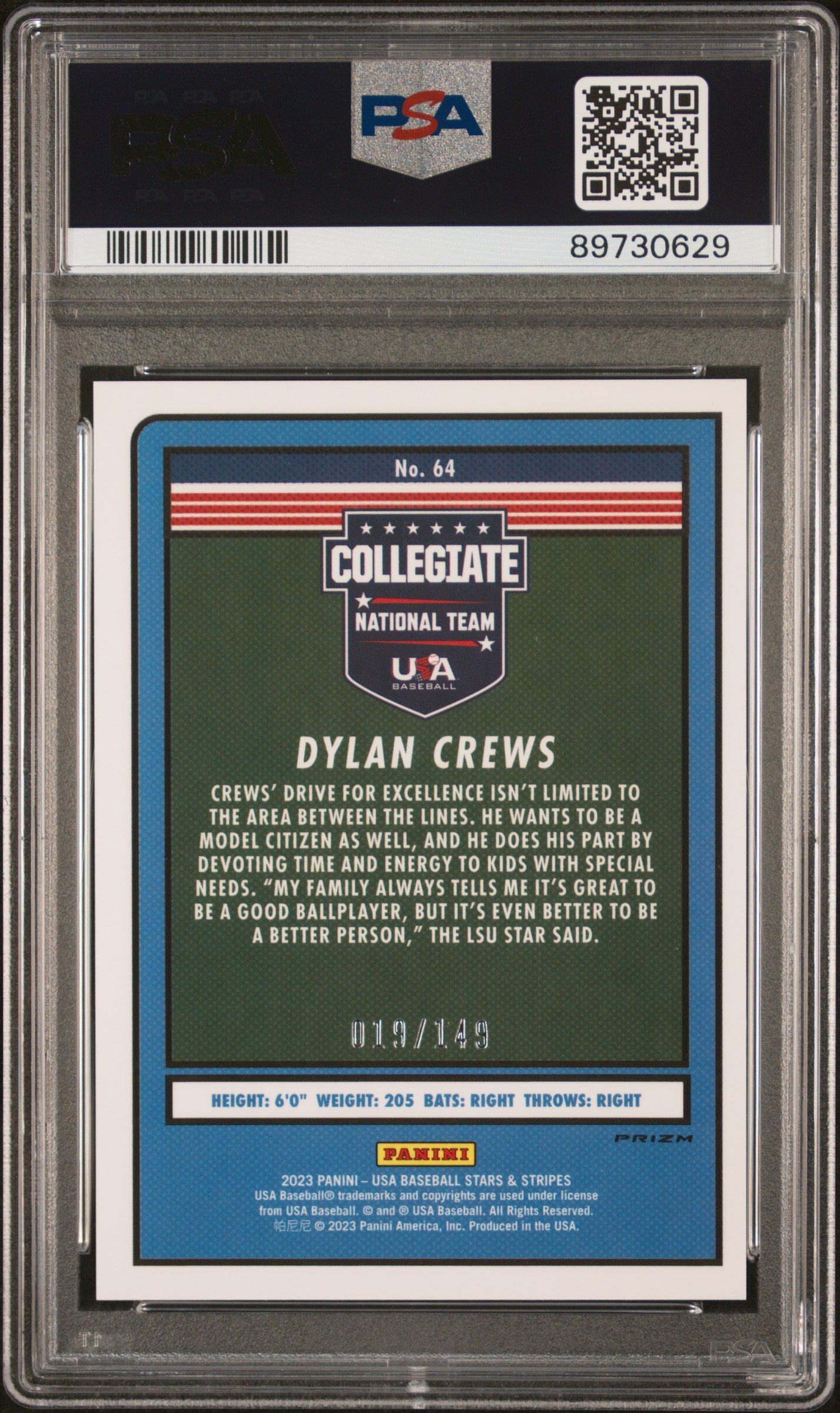 Graded 2023 Panini Stars & Stripes USA Dylan Crews #64 Red /149 Rookie RC Baseball Card PSA 10 Gem Mint