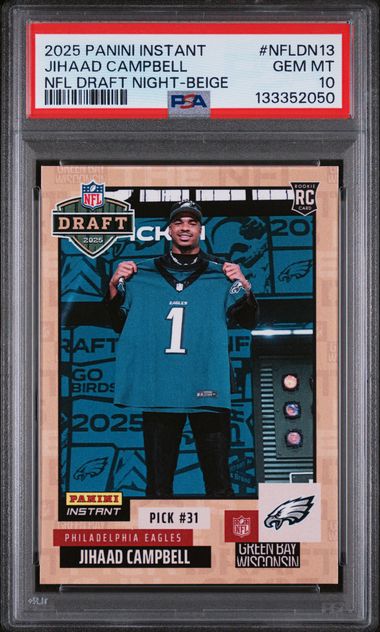 Graded 2025 Panini Instant Jihaad Campbell #NFLDN13 /25 Draft Night Beige Rookie RC Football Card PSA 10 Gem Mint
