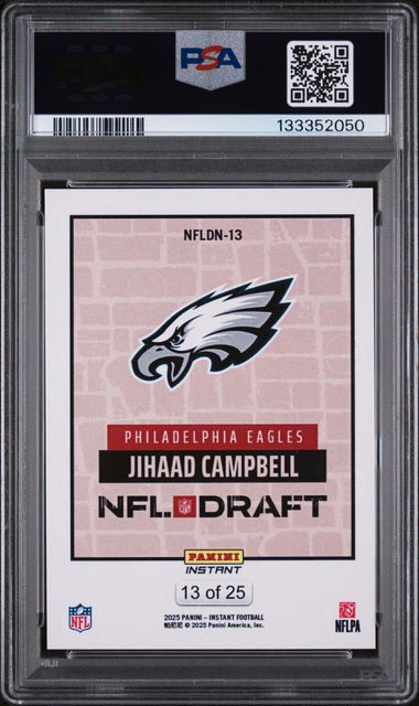 Graded 2025 Panini Instant Jihaad Campbell #NFLDN13 /25 Draft Night Beige Rookie RC Football Card PSA 10 Gem Mint