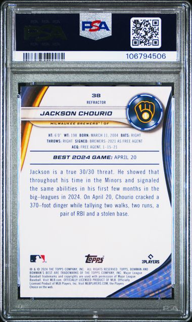 Graded 2024 Topps Bowmans Best Jackson Chourio #38 Refractor Rookie RC Baseball Card PSA 10 Gem Mint