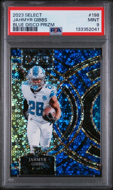 Graded 2023 Panini Select Jahmyr Gibbs #198 1/25 Blue Disco Prizm Rookie RC Football Card PSA 9 Mint