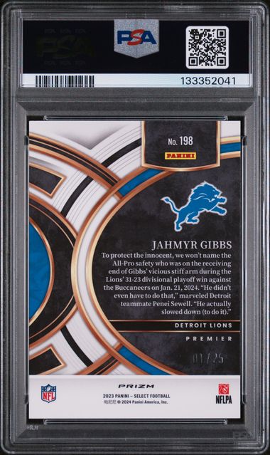 Graded 2023 Panini Select Jahmyr Gibbs #198 1/25 Blue Disco Prizm Rookie RC Football Card PSA 9 Mint