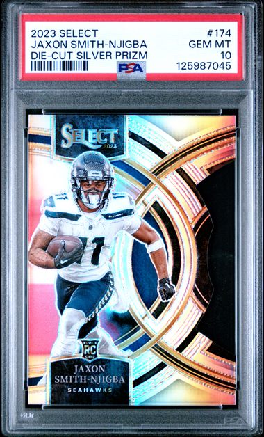 Graded 2023 Panini Select Jaxon Smith-Njigba #174 Die Cut Silver Prizm Rookie RC Football Card PSA 10 Gem Mint