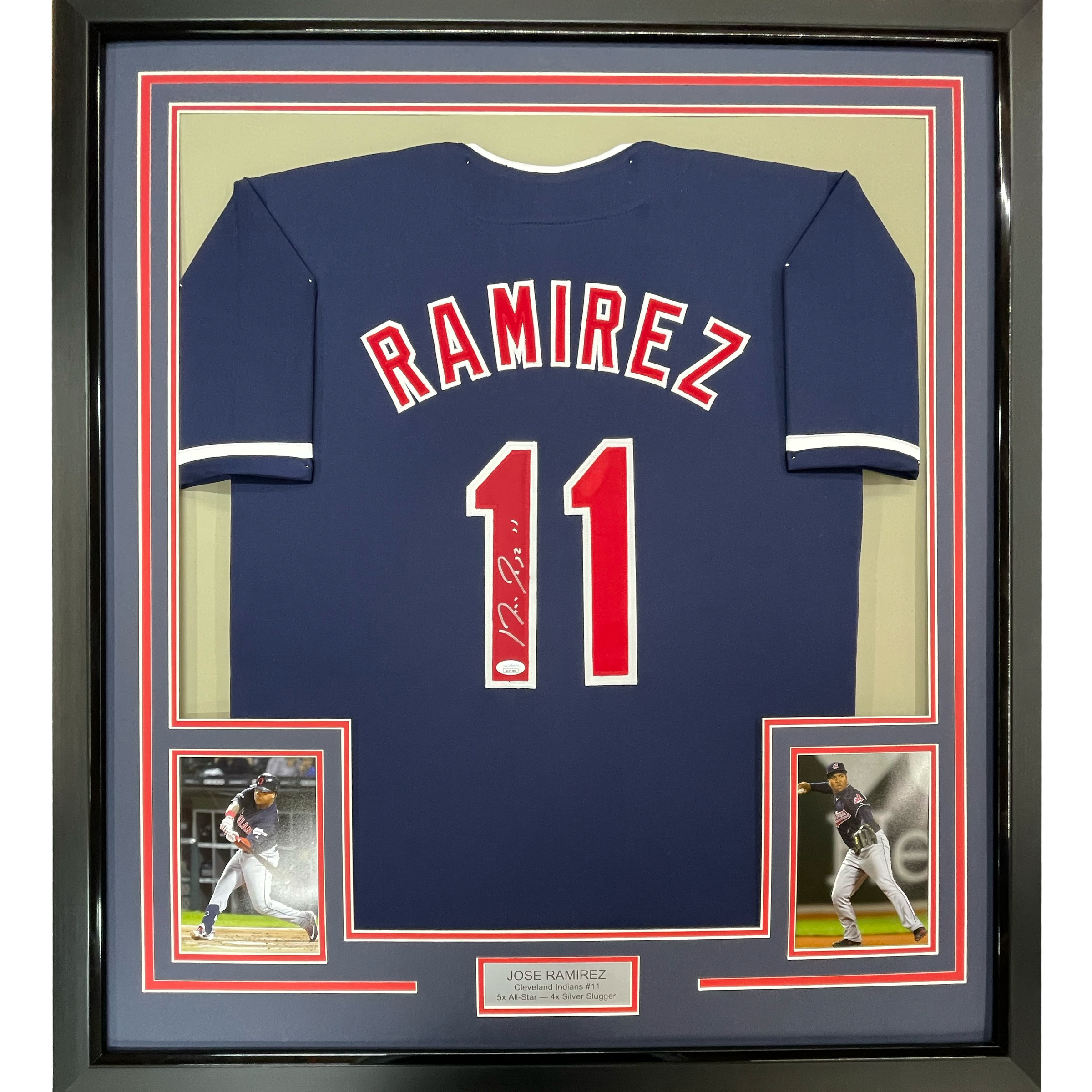 Framed Autographed/Signed Jose Ramirez 35x39 Cleveland Blue Baseball Jersey Beckett BAS COA