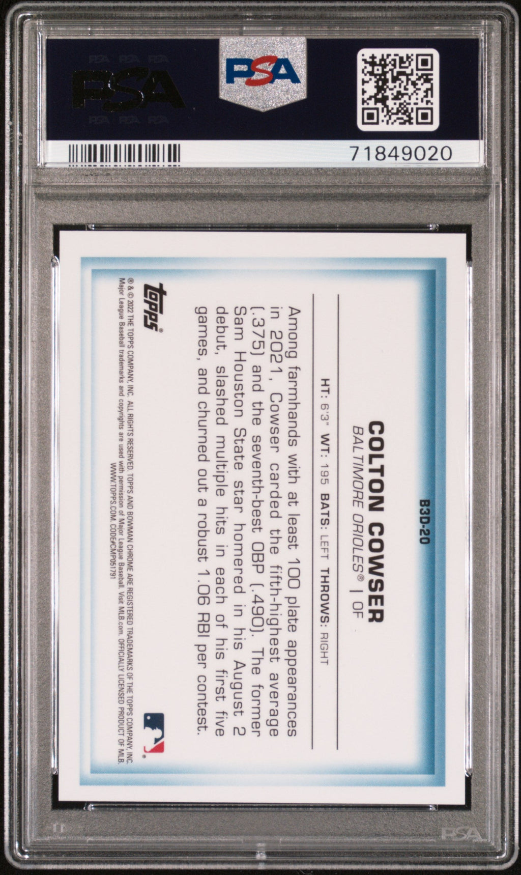 Graded 2022 Topps Bowman Colton Cowser #B3D20 Chrome Bowman In 3D Gold Refractor /50 Rookie RC Baseball Card PSA 10 Gem Mint