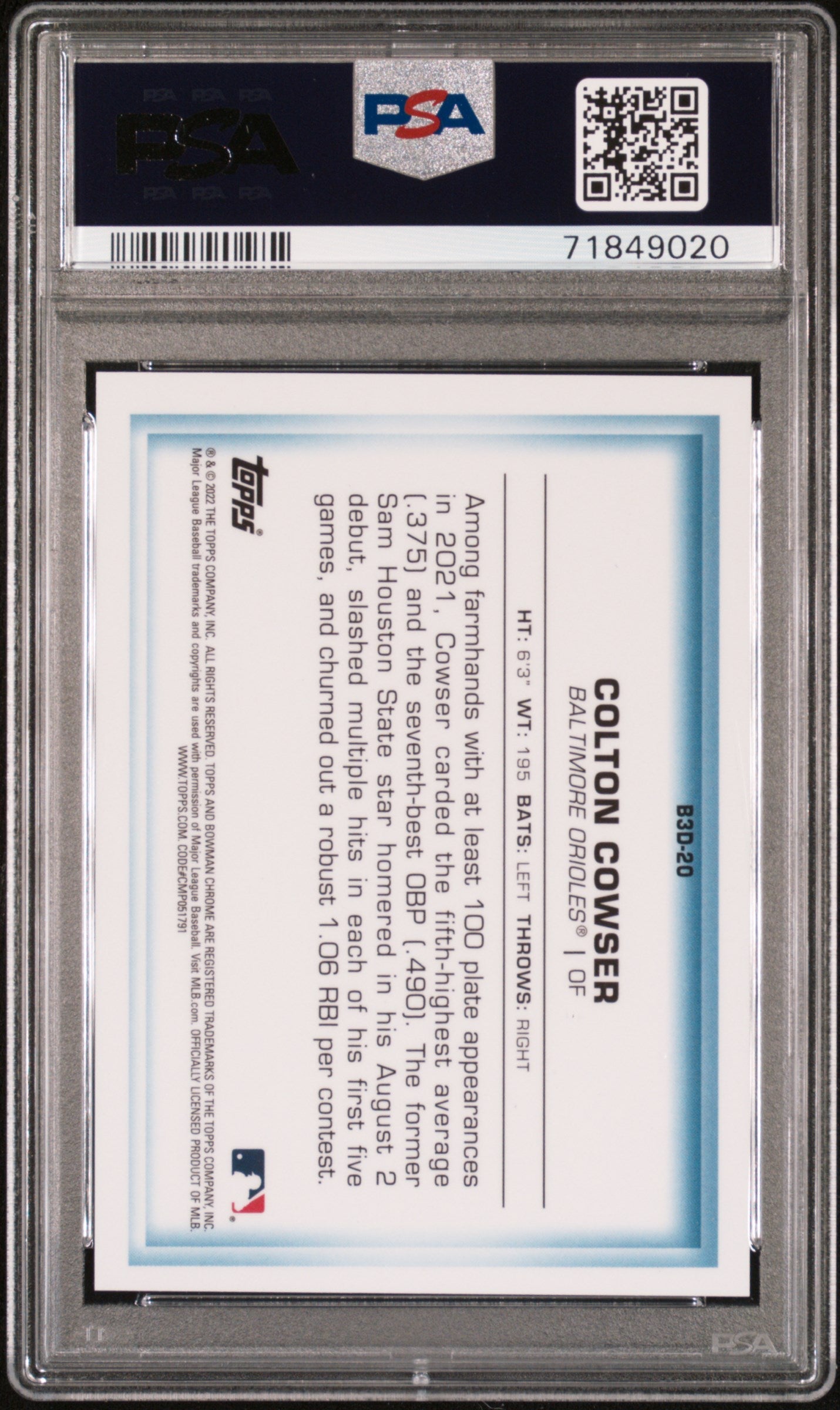 Graded 2022 Topps Bowman Colton Cowser #B3D20 Chrome Bowman In 3D Gold Refractor /50 Rookie RC Baseball Card PSA 10 Gem Mint