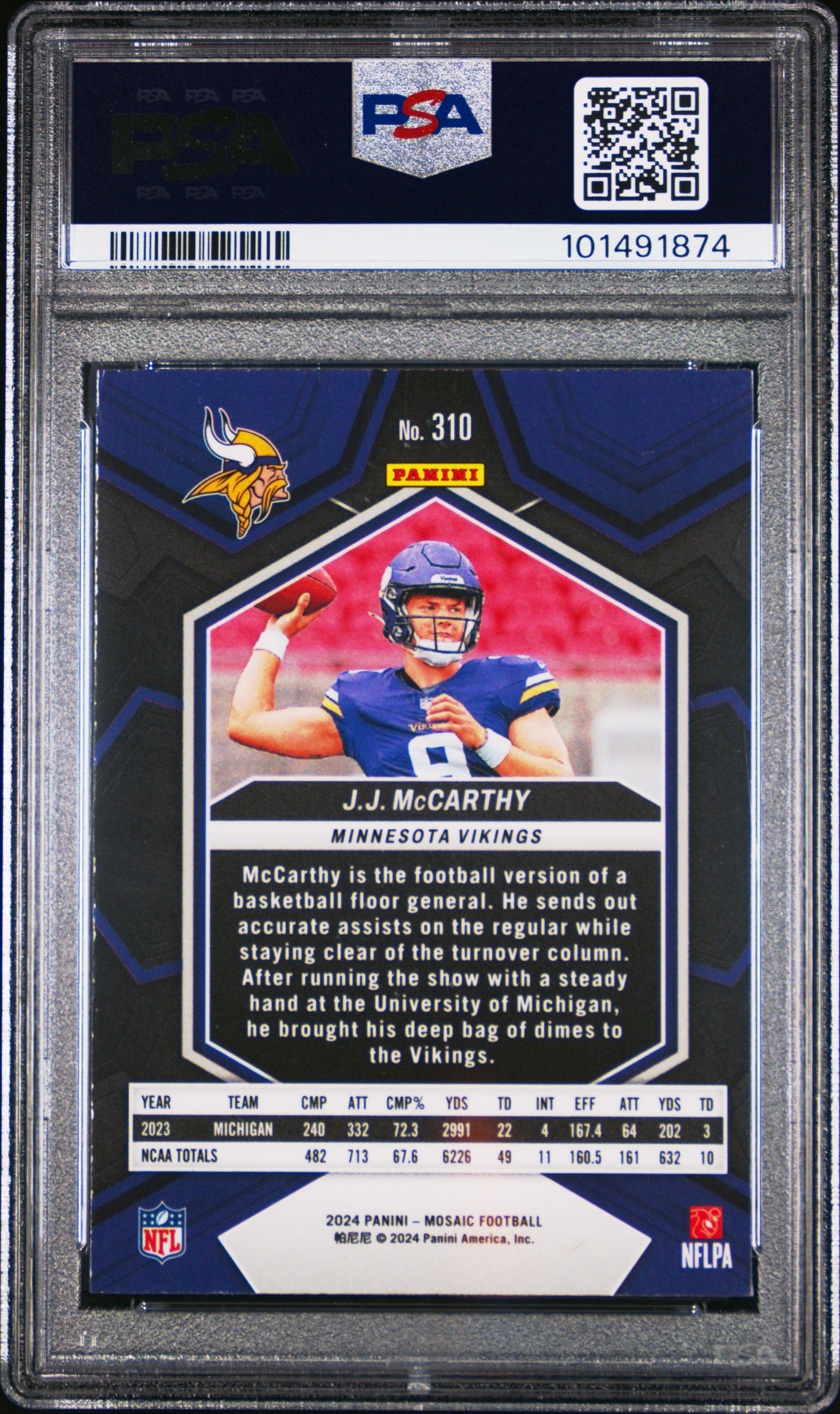 Graded 2024 Panini Mosaic JJ McCarthy #310 Rookie RC Football Card PSA 10 Gem Mint
