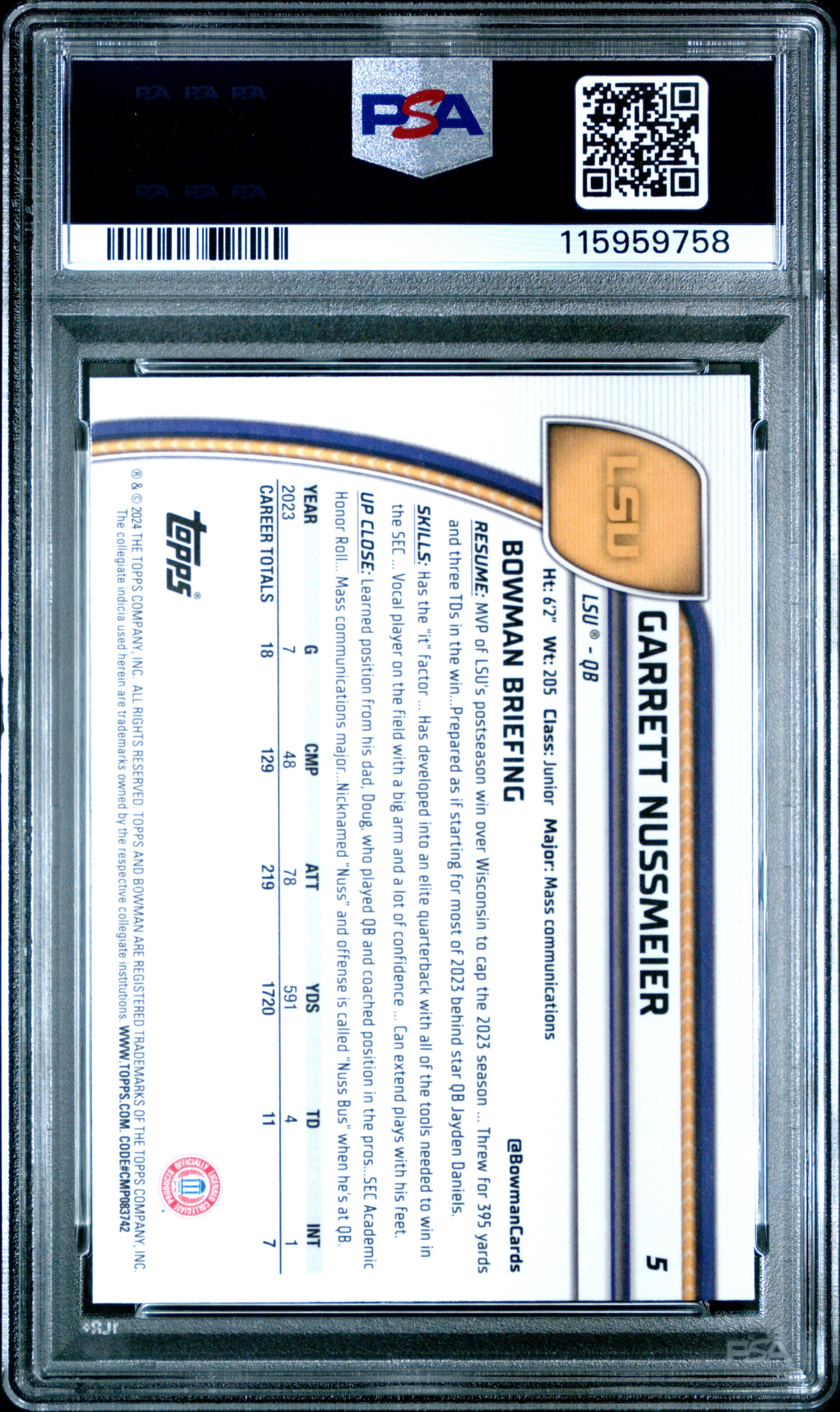 Graded 2024 Topps Bowman U Sapphire Garrett Nussmeier #5 Rookie RC Football Card PSA 10 Gem Mint