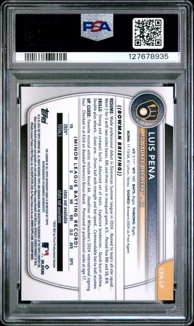 Graded 2025 Topps Bowman Luis Pena #CPALP Chrome Prospects Autograph Rookie RC Baseball Card PSA 9 Mint