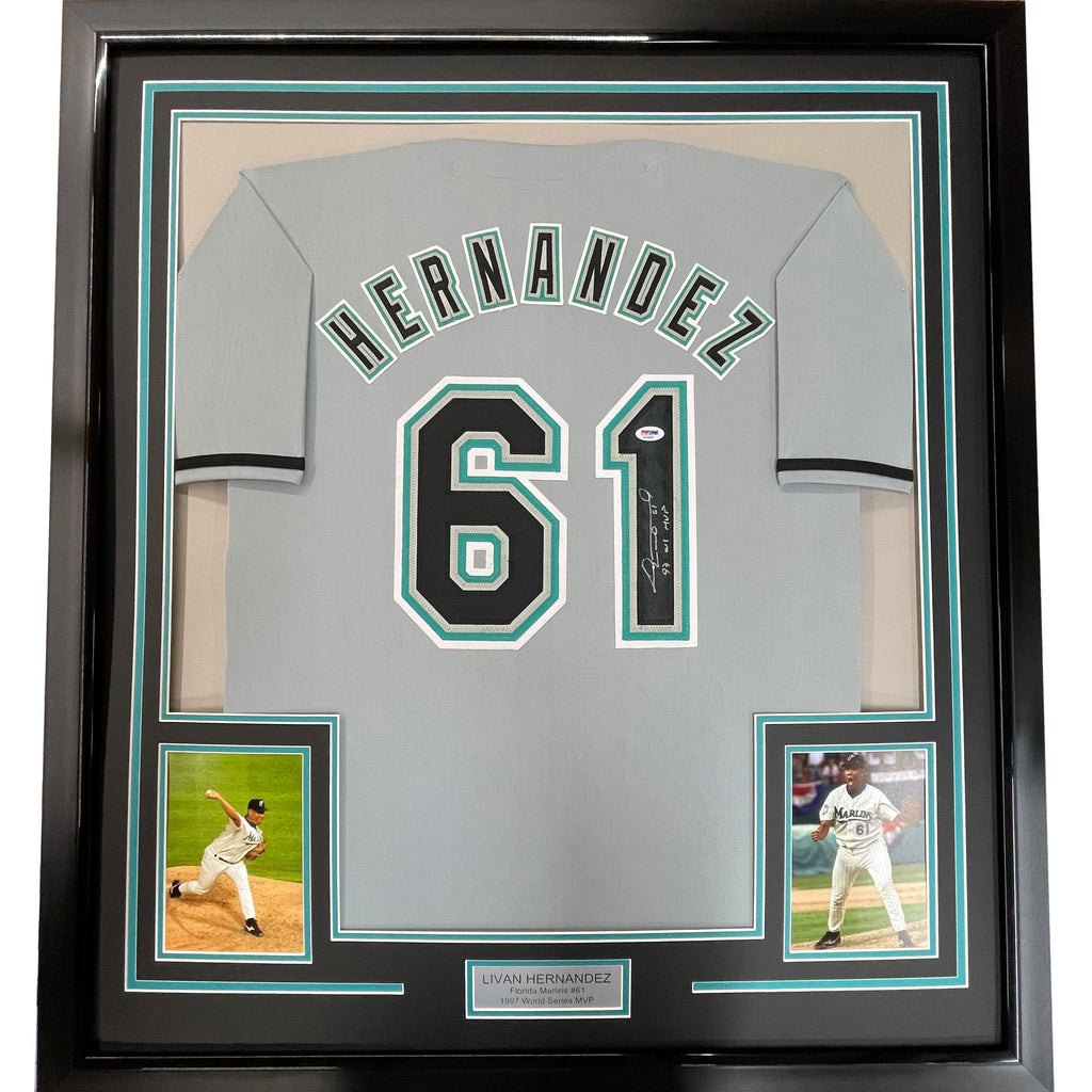 Framed Autographed/Signed Livan Hernandez 97 WS MVP 35x39 Florida Grey Baseball Jersey PSA/DNA COA