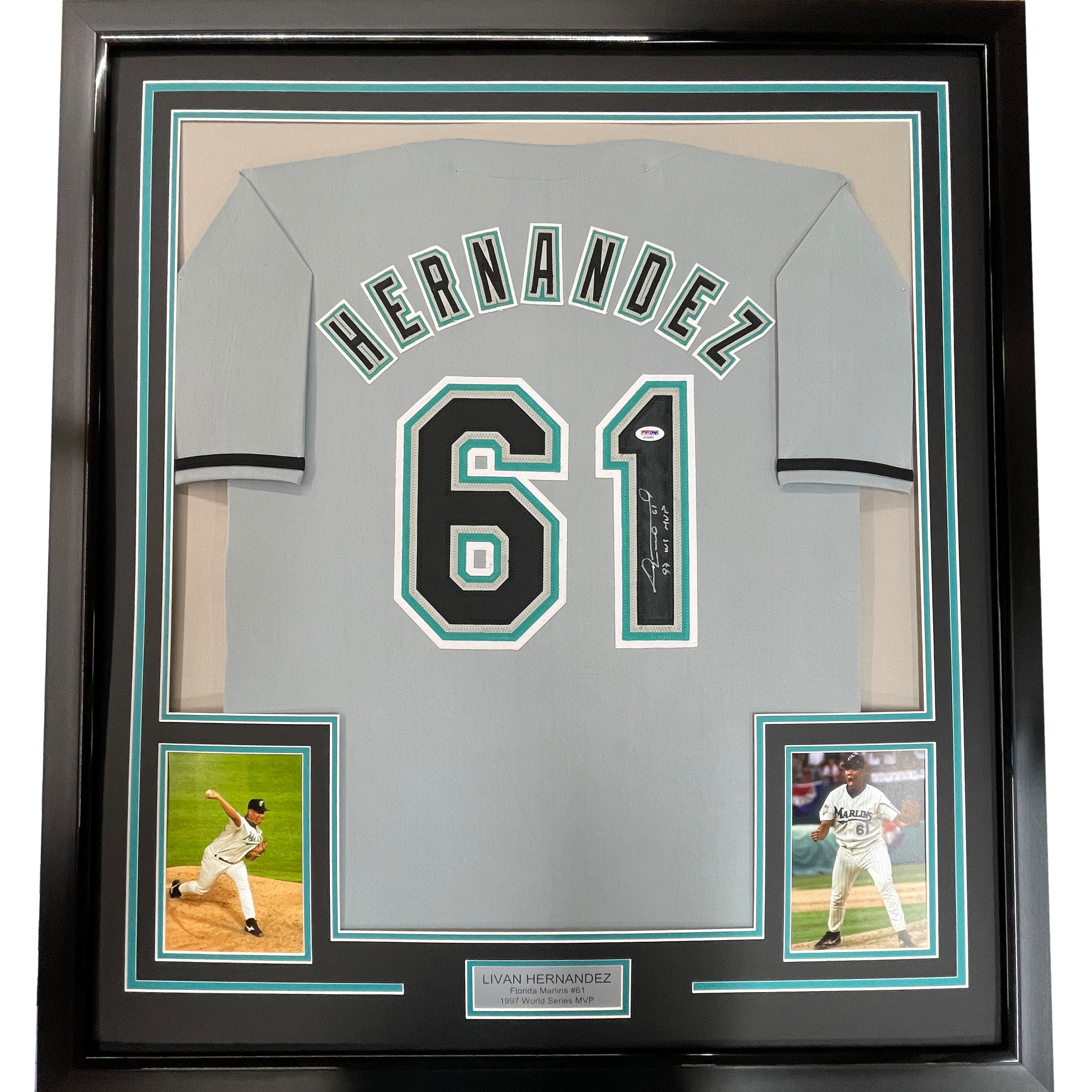Framed Autographed/Signed Livan Hernandez 97 WS MVP 35x39 Florida Grey Baseball Jersey PSA/DNA COA