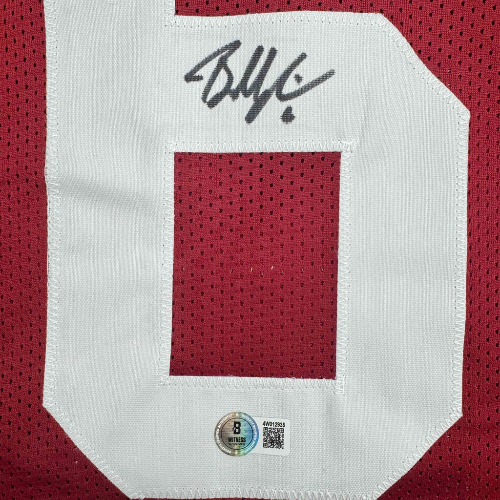 Autographed/Signed Baker Mayfield Oklahoma Crimson College Football Jersey Beckett BAS COA
