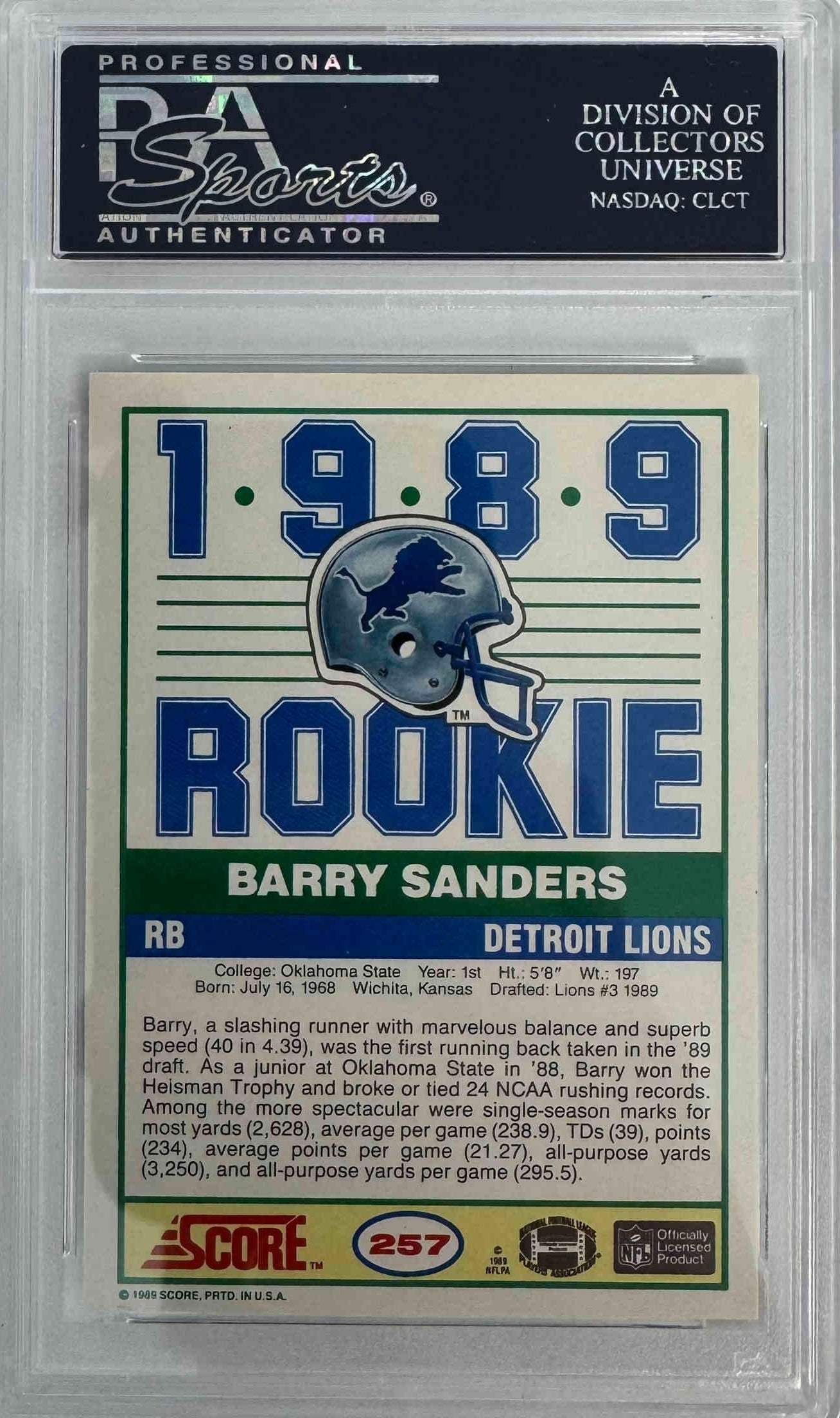 Graded 1989 Score Barry Sanders #257 Rookie RC Football Card PSA 9 Mint