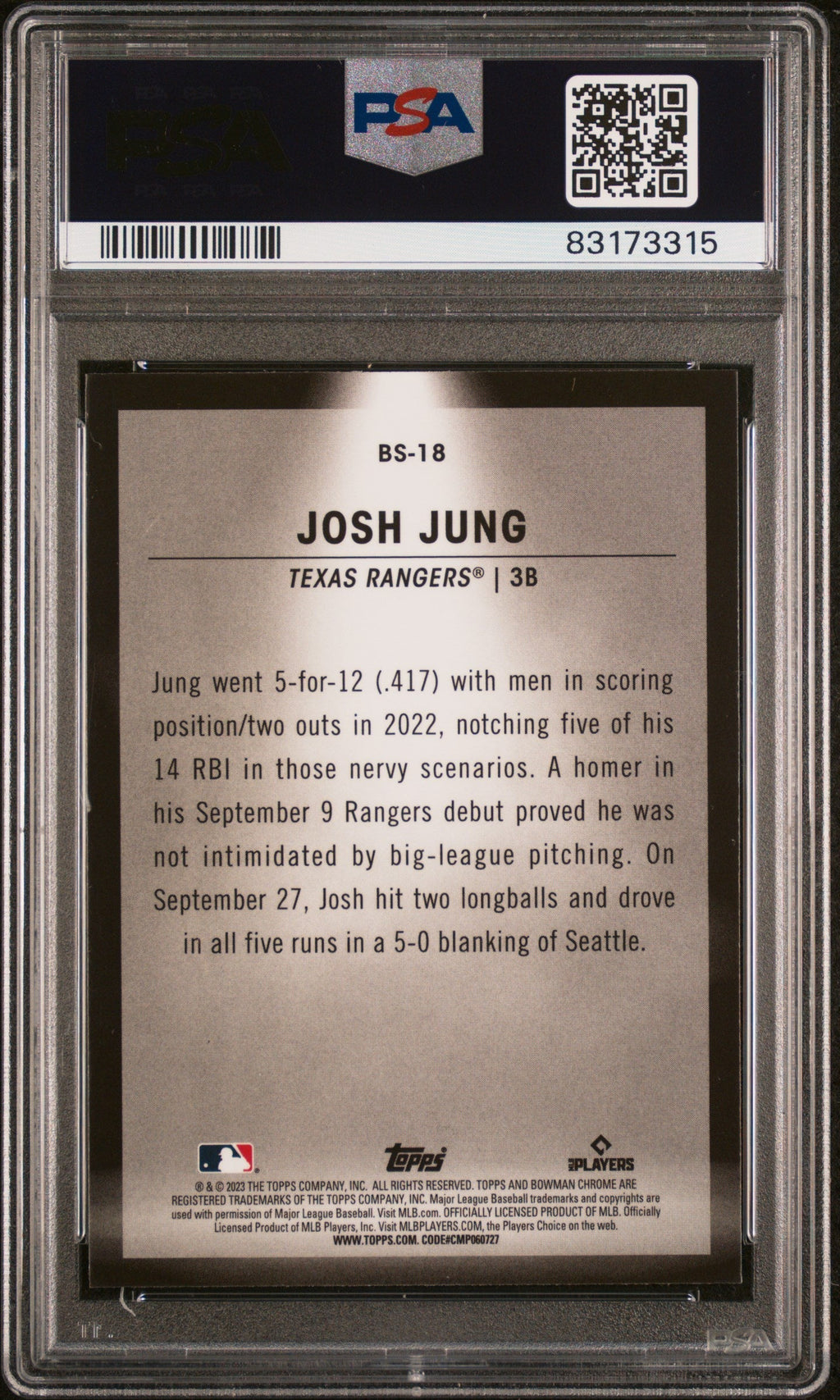 Graded 2023 Topps Bowman Josh Jung #BS18 Spotlights Rookie RC Baseball Card PSA 10 Gem Mint