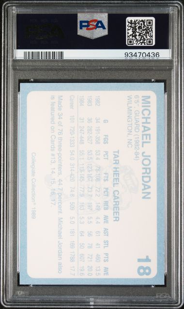 Graded 1989 North Carolina Collegiate Collection Michael Jordan #18 Basketball Card PSA 9 Mint