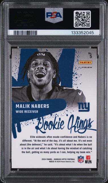 Graded 2024 Panini Donruss Optic Malik Nabers #5 Rookie Kings Rookie RC Football Card PSA 9 Mint