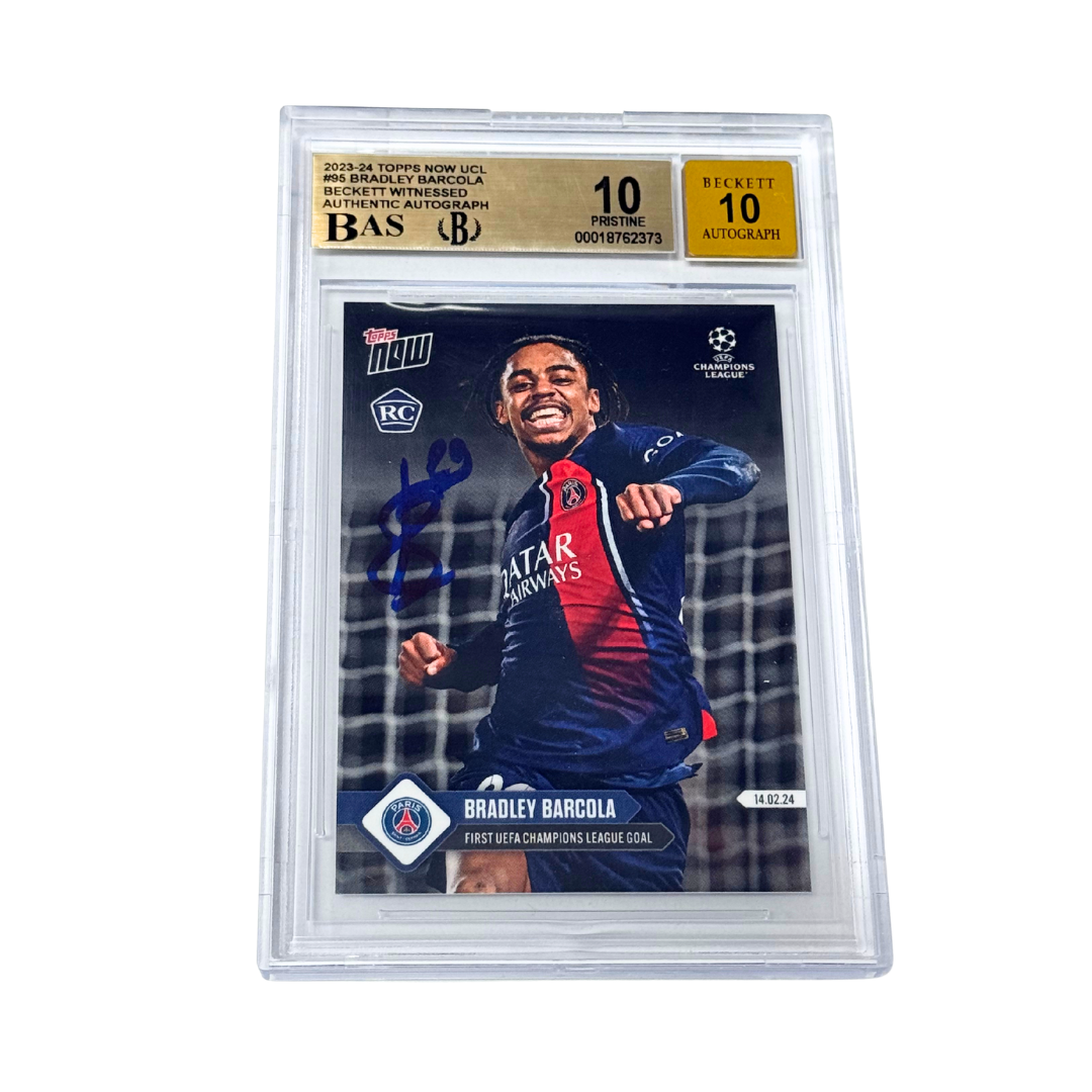 Bradley Barcola Signed 2023-24 Topps Now UCL #95 First Goal RC – BGS 10 AUTO 10
