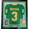 Framed Autographed/Signed Joe Montana 35x39 Notre Dame Green College Football Jersey JSA COA