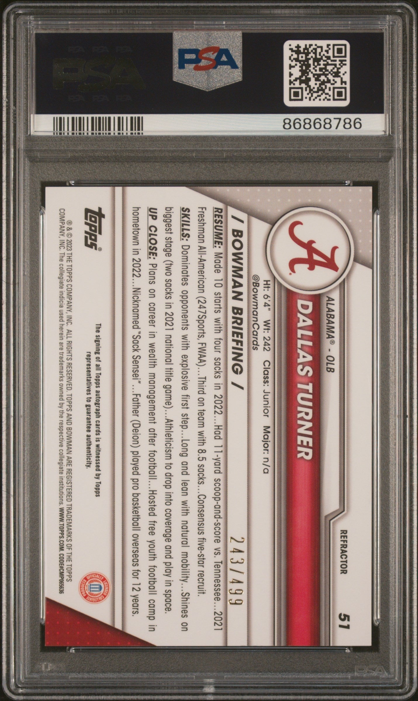 Graded 2023 Topps Bowman U Chrome Dallas Turner #51 Auto Refractor /499 Rookie RC Football Card PSA 10
