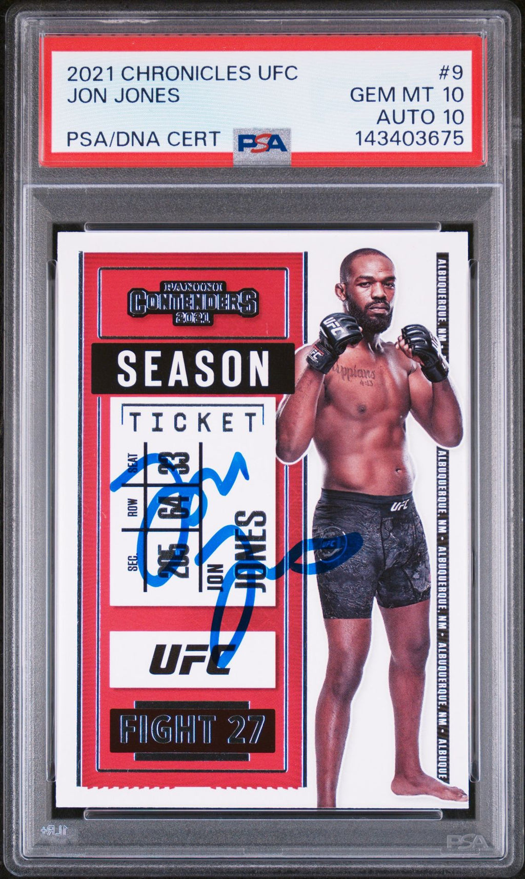 Jon Jones Signed 2021 Panini Chronicles UFC Season Ticket #9 – PSA 10 AUTO 10