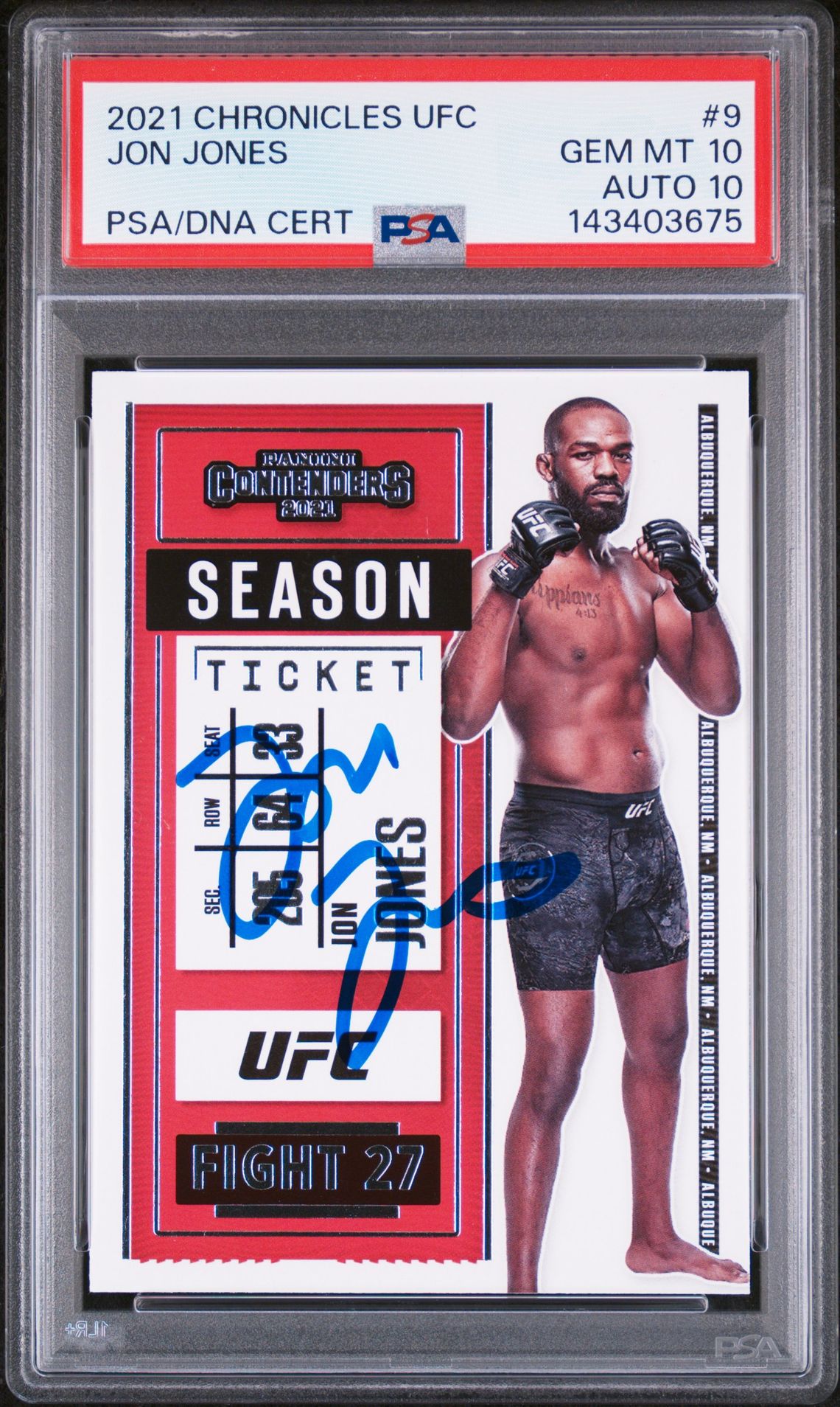 Jon Jones Signed 2021 Panini Chronicles UFC Season Ticket #9 – PSA 10 AUTO 10