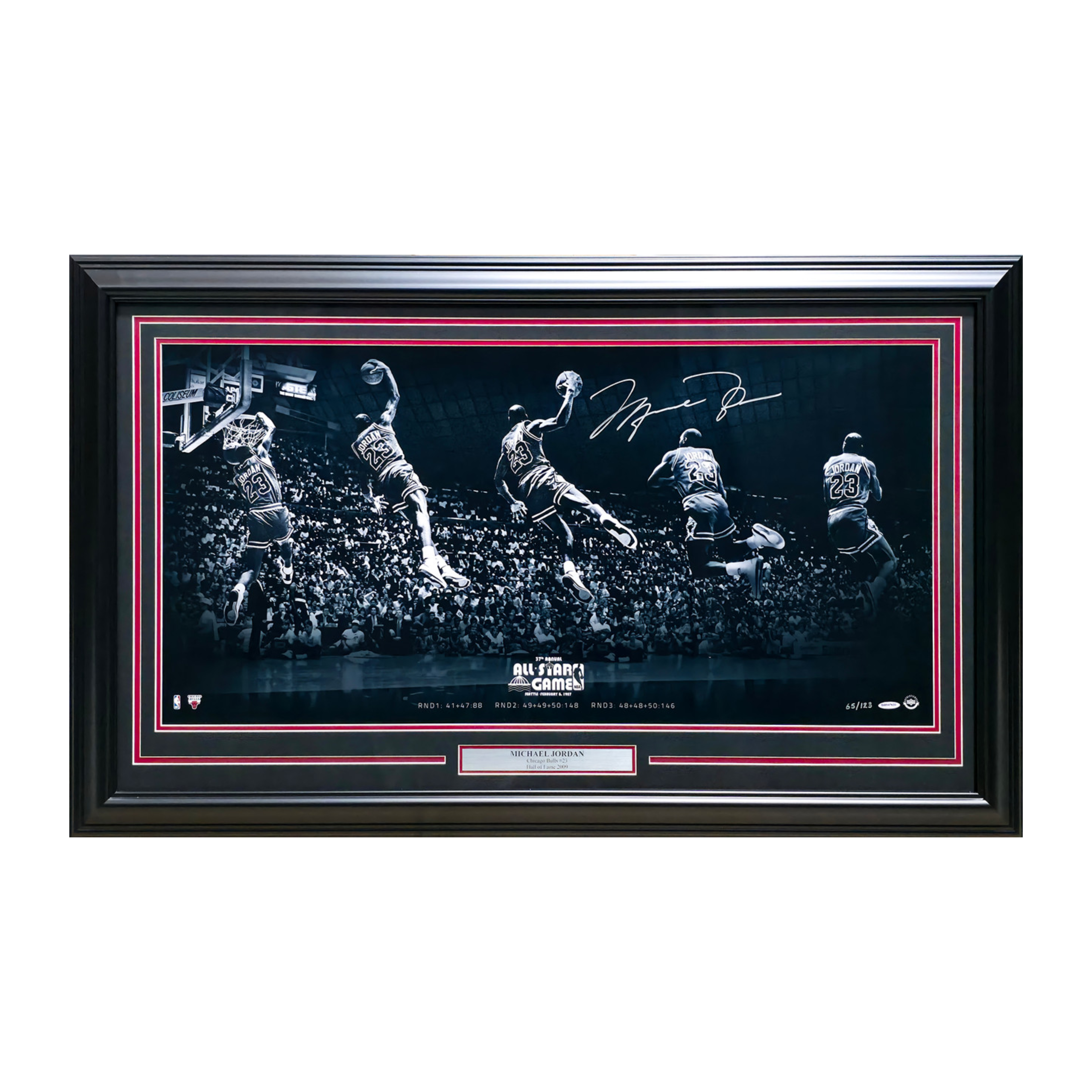 Michael Jordan Autographed Framed 18x36 'Kiss the Rim' Photo Chicago Bulls 1987 NBA Slam Dunk Contest #65/123 UDA Holo