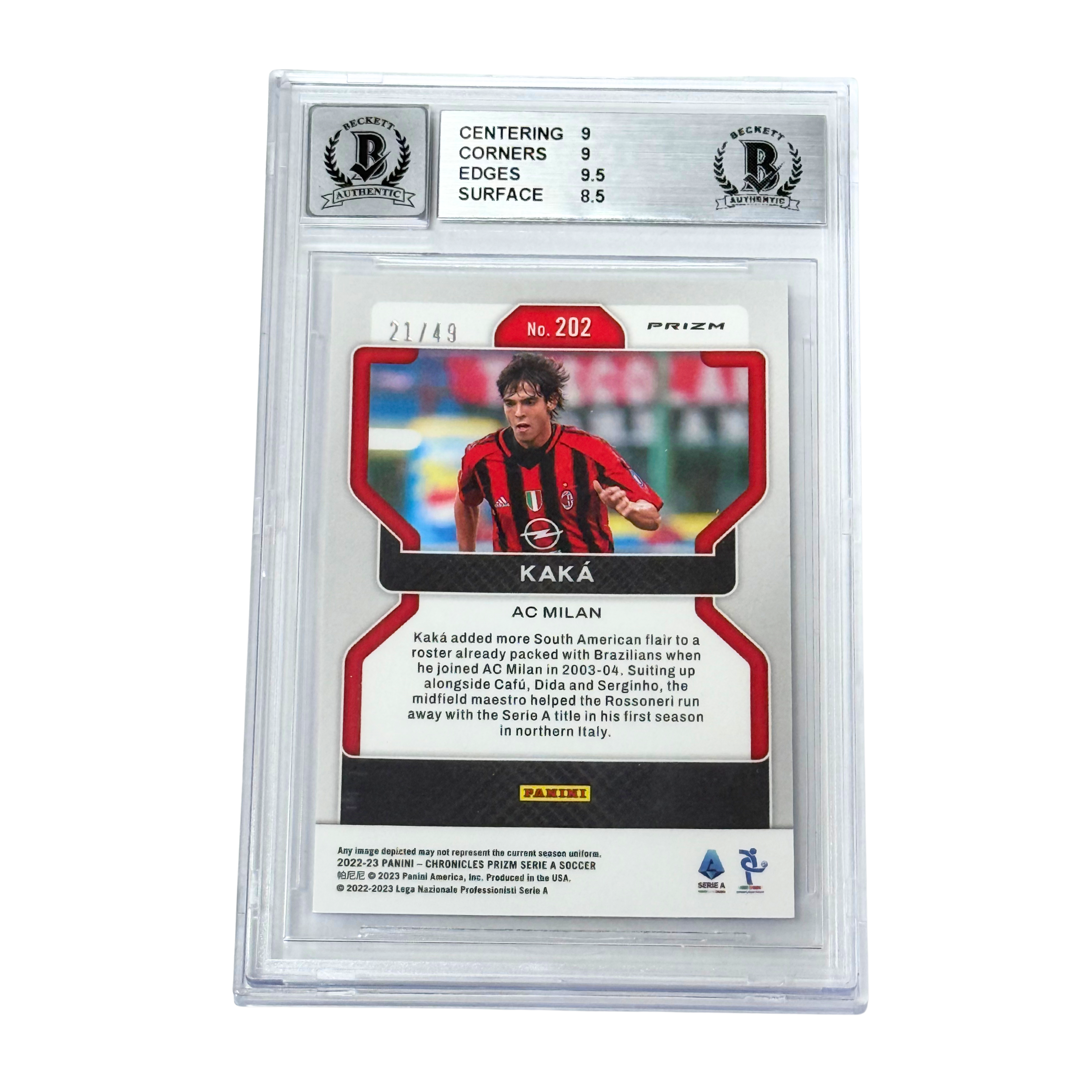 Kaka Signed 2022-23 Panini Chronicles Serie A Blue /49 #202 – BGS 9 AUTO 8
