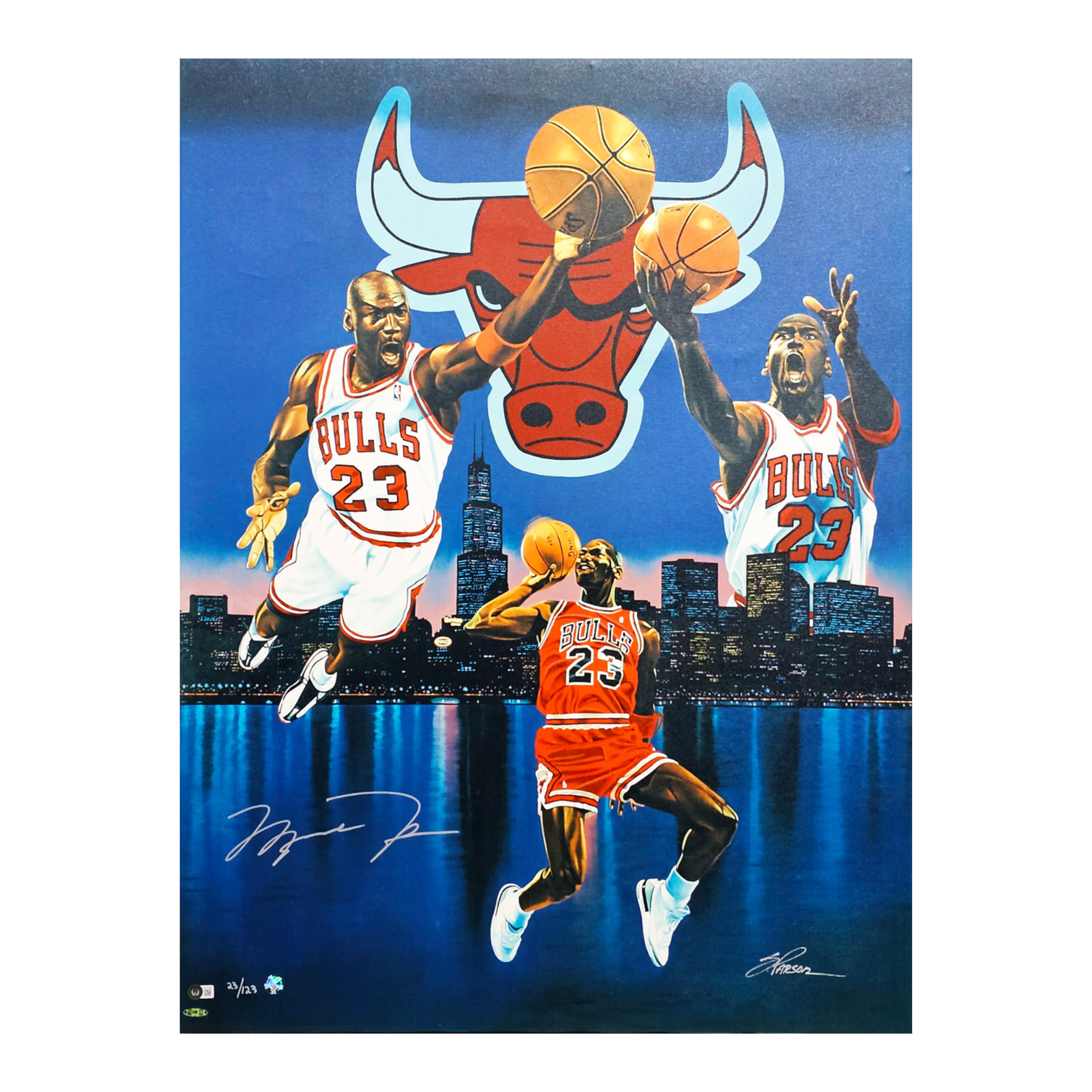 Michael Jordan Autographed 30x40 Chicago's Finest Canvas Photo Chicago Bulls Auto Grade 10 With Artist Proof #23/123 His Jersey Number UDA Holo & Beckett BAS