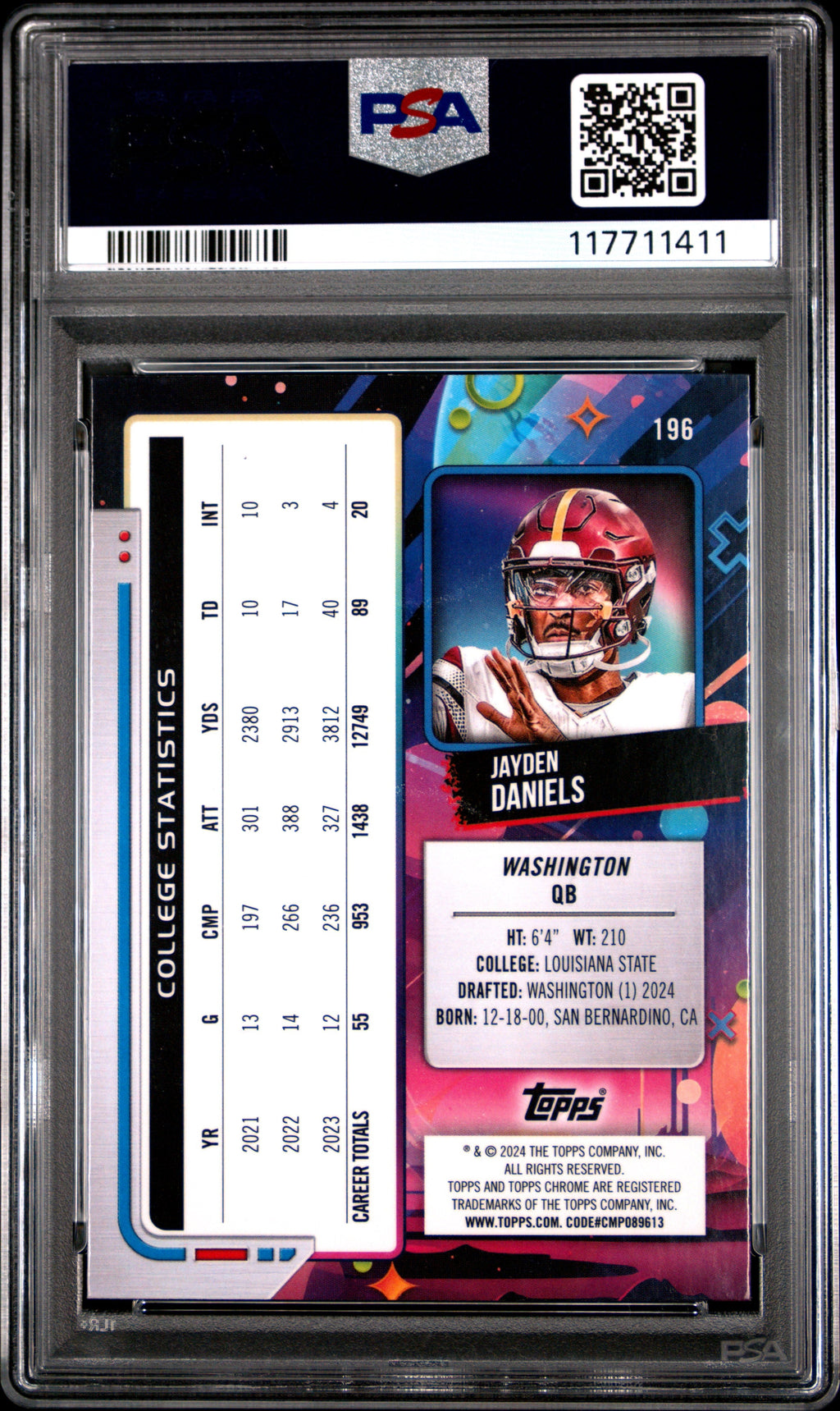 Graded 2024 Topps Cosmic Chrome Jayden Daniels #196 Rookie RC Football Card PSA 10 Gem Mint