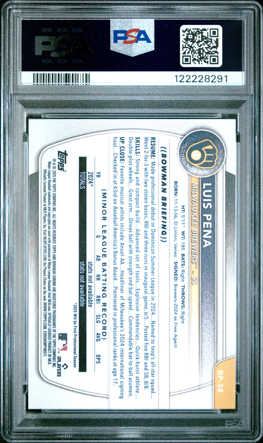 Graded 2025 Topps Bowman Luis Pena #BP38 Paper Prospects Rookie RC Baseball Card PSA 9 Mint