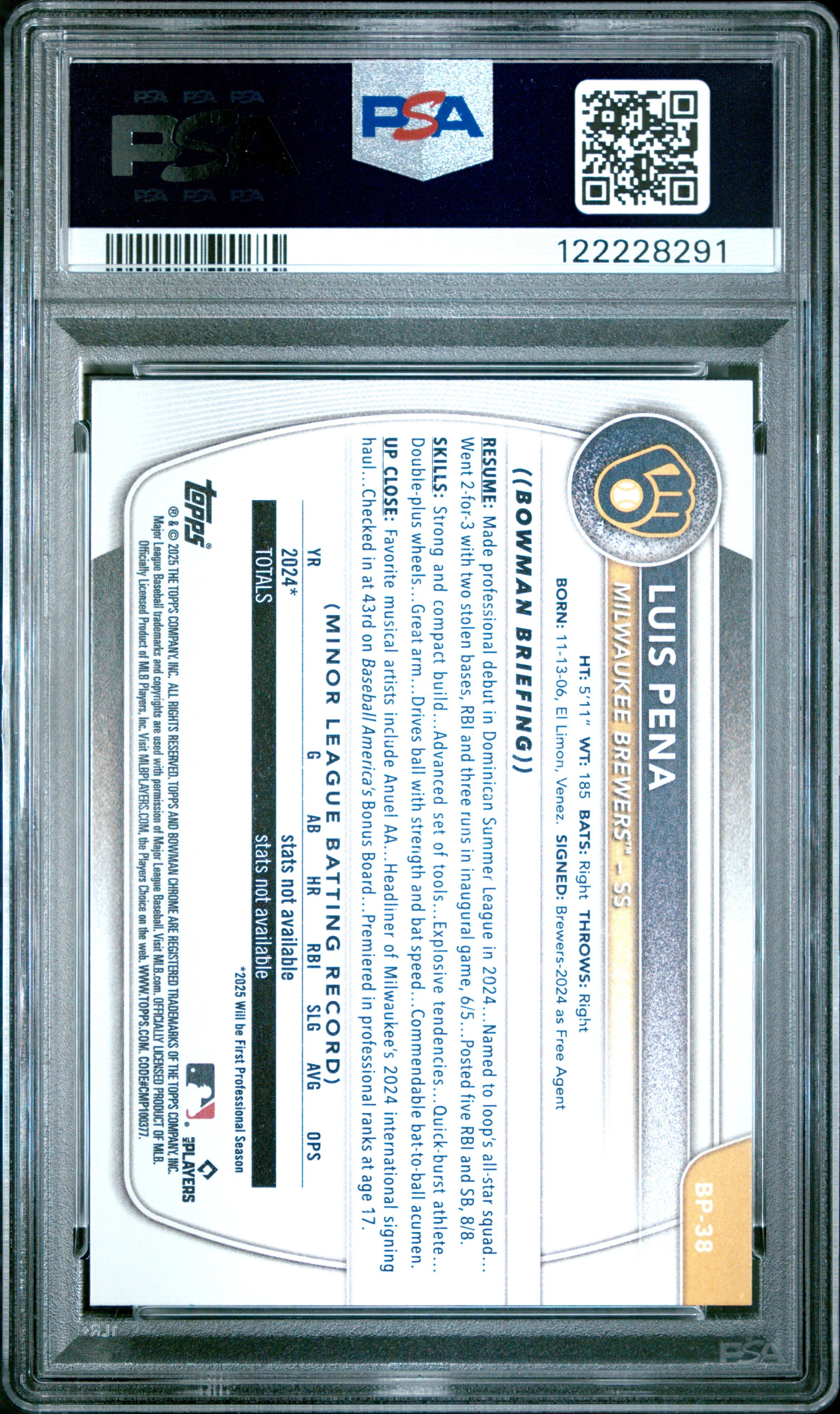 Graded 2025 Topps Bowman Luis Pena #BP38 Paper Prospects Rookie RC Baseball Card PSA 9 Mint
