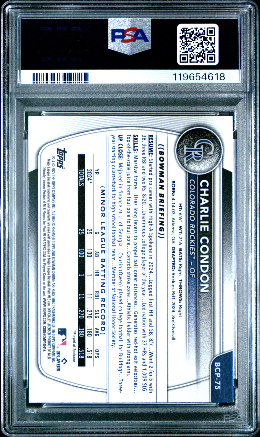 Graded 2025 Topps Bowman Charlie Condon #BCP75 Chrome Prospects Blue Geometric /150 Rookie RC Baseball Card PSA 10 Gem Mint