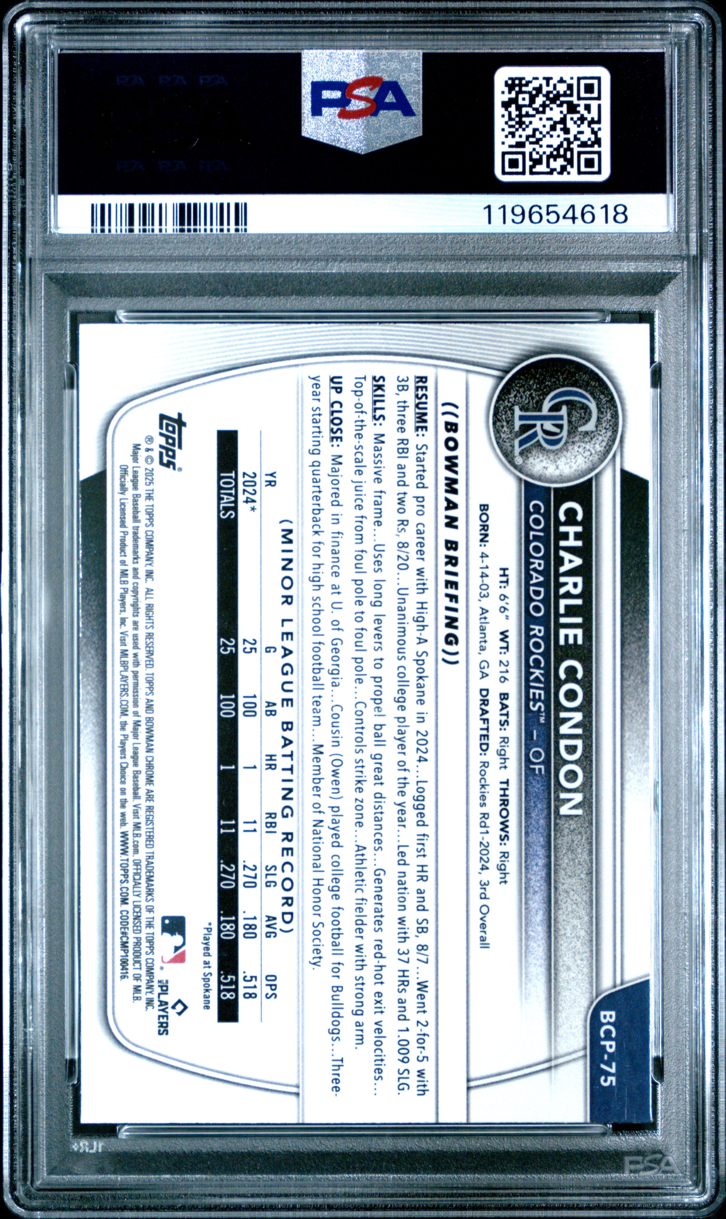 Graded 2025 Topps Bowman Charlie Condon #BCP75 Chrome Prospects Blue Geometric /150 Rookie RC Baseball Card PSA 10 Gem Mint