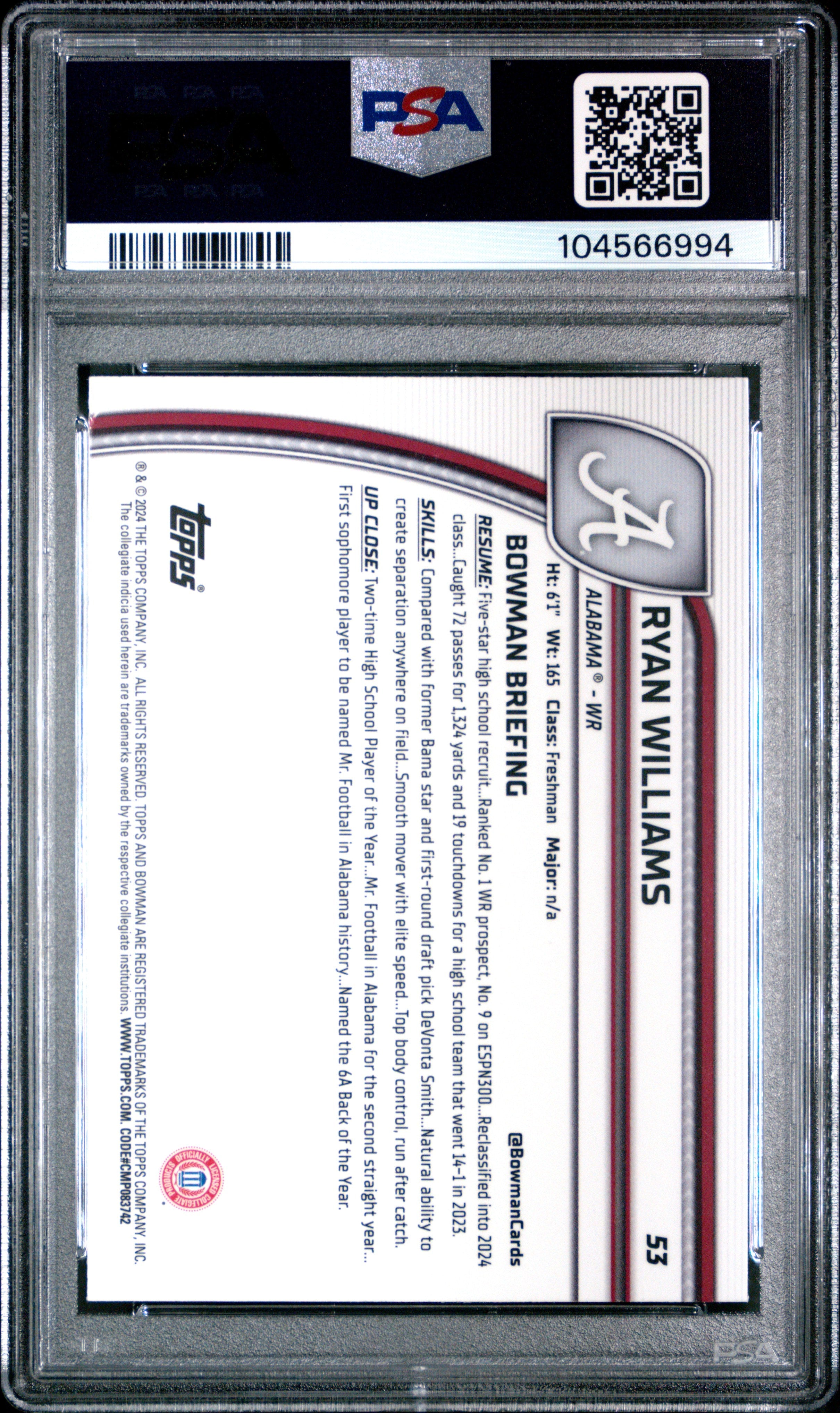 Graded 2024 Topps Bowman U Chrome University Ryan Williams #53 Rookie RC Football Card PSA 10 Gem Mint