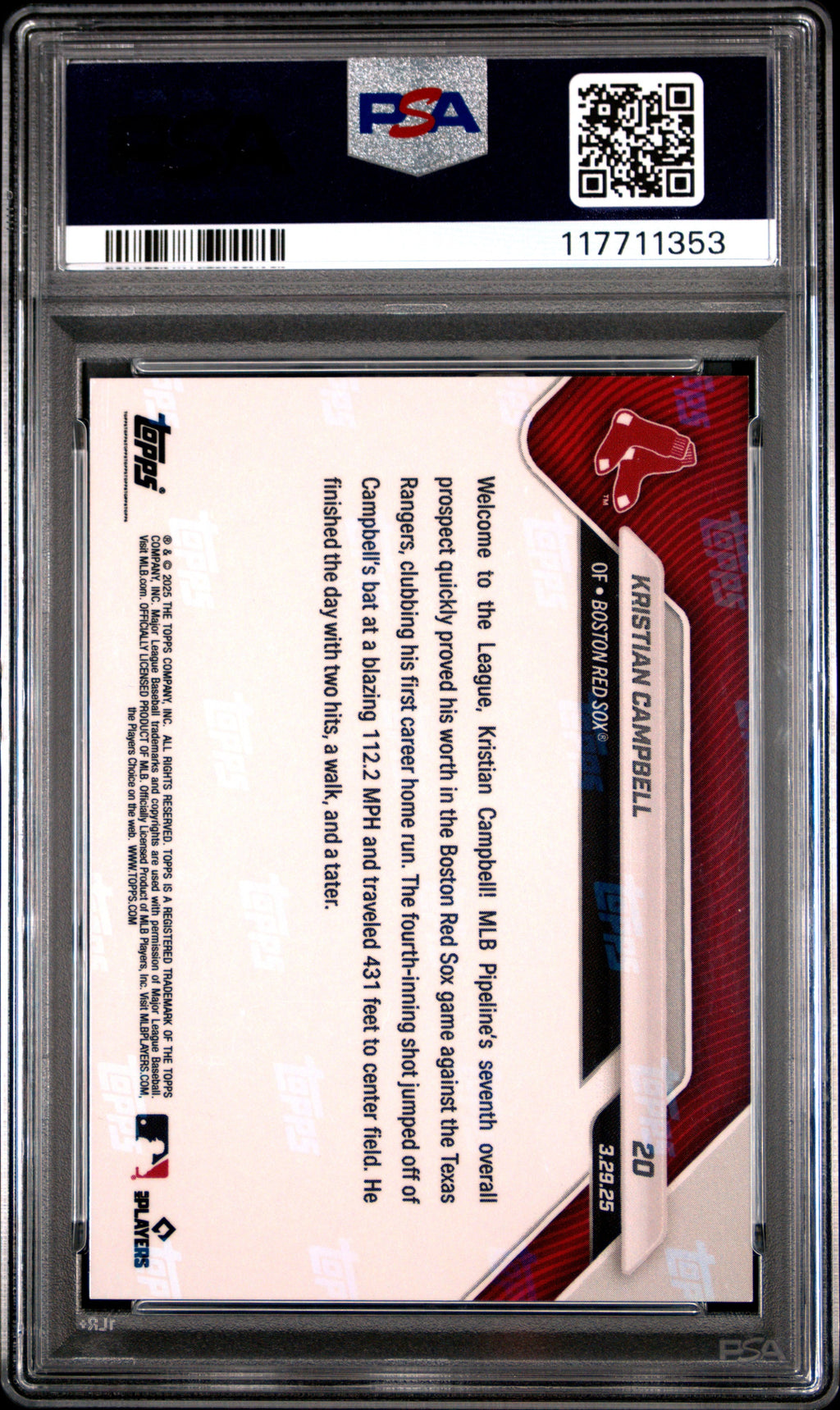 Graded 2025 Topps Now Kristian Campbell #20 Black Foil /10 Rookie RC Baseball Card PSA 10 Gem Mint