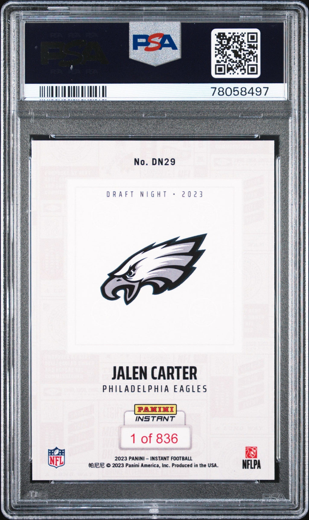 Graded 2023 Panini Instant Jalen Carter #DN29 NFL Draft Night /836 Rookie RC Football Card PSA 10