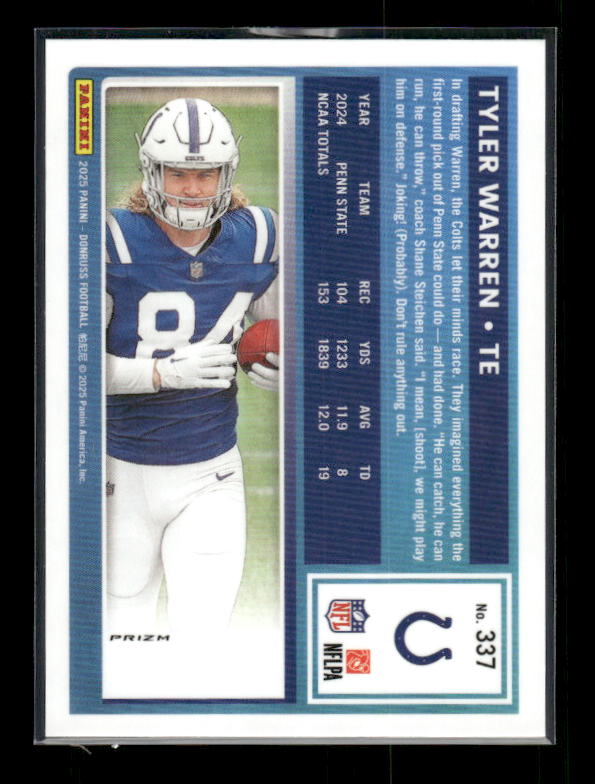 Tyler Warren - 2025 Donruss Football - Optic Preview Red Pandora - Rated Rookie