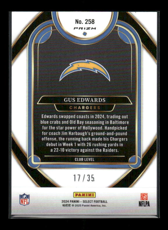 Gus Edwards - 2024 Select Football - White /35  - Club Level