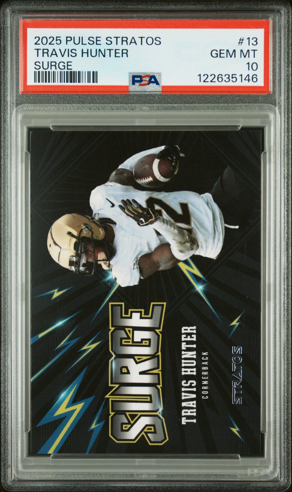 Graded 2025 Pulse Stratos Travis Hunter #13 Surge /40 Rookie RC Football Card PSA 10 Gem Mint