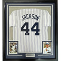 Framed Autographed/Signed Reggie Jackson 35x39 New York Pinstripe Baseball Jersey JSA COA