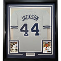 Framed Autographed/Signed Reggie Jackson 35x39 New York Grey Baseball Jersey JSA COA