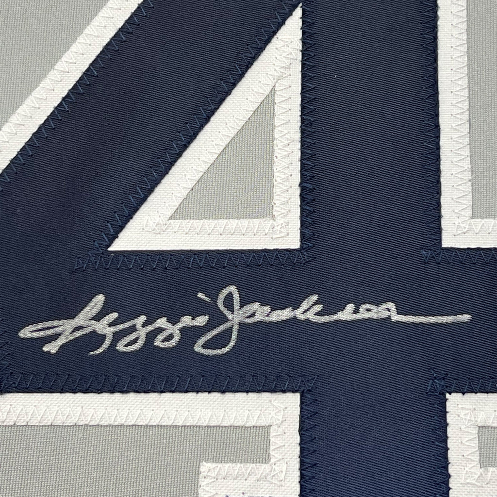 Framed Autographed/Signed Reggie Jackson 35x39 New York Grey Baseball Jersey JSA COA