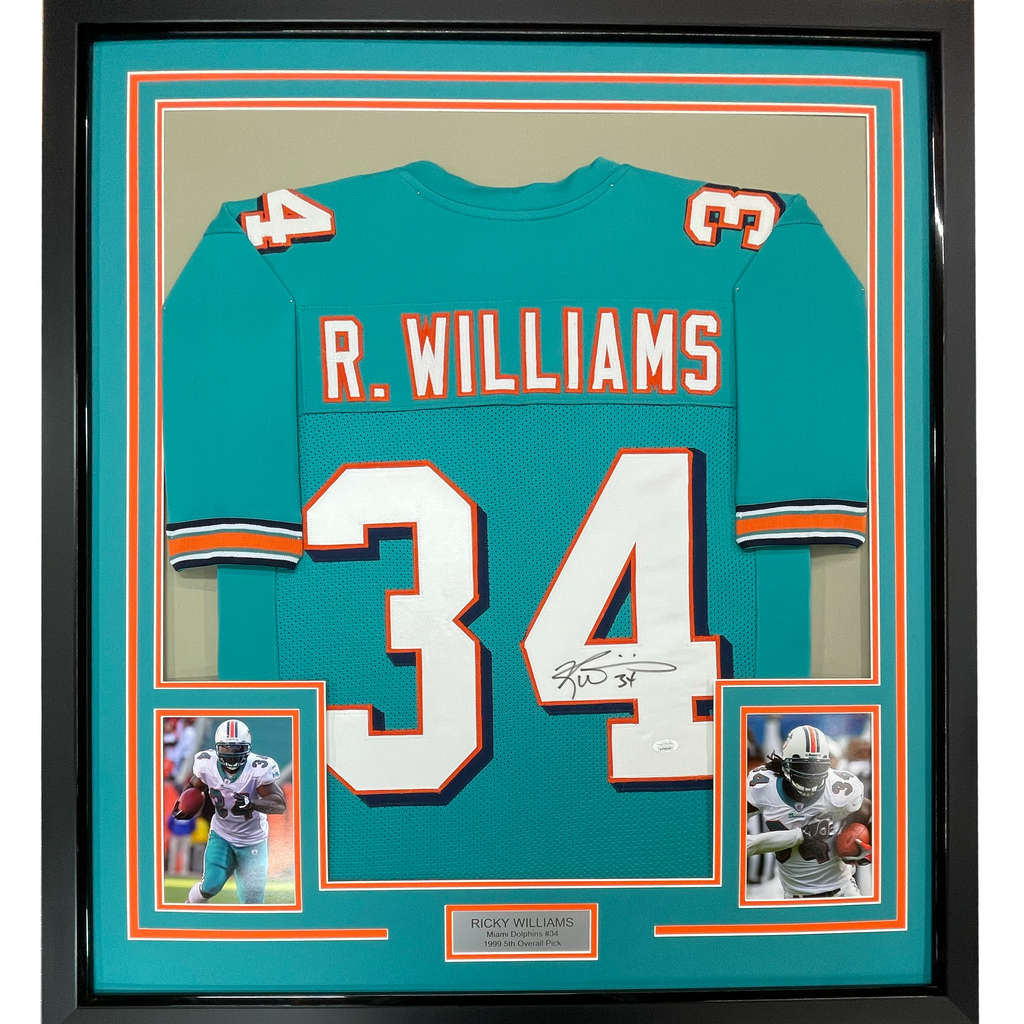 Framed Autographed/Signed Ricky Williams 35x39 Miami Teal Football Jersey JSA COA