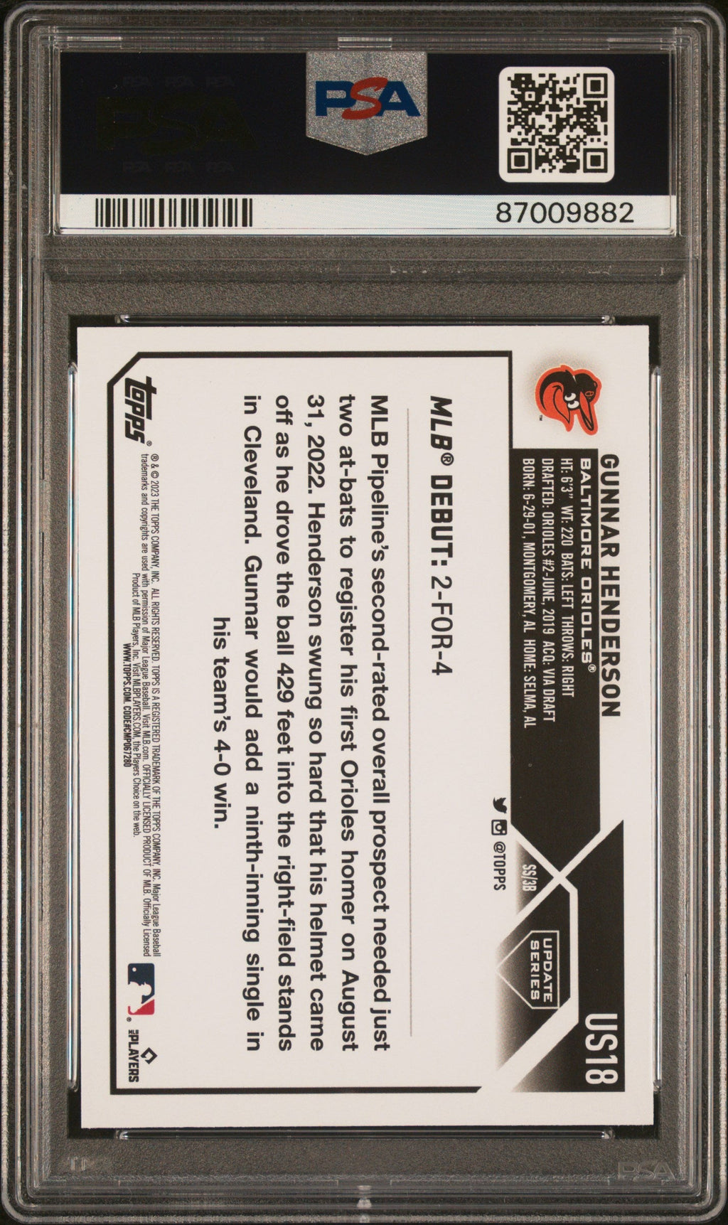 Graded 2023 Topps Update Gunnar Henderson #US18 Rookie RC Baseball Card PSA 10 Gem Mint