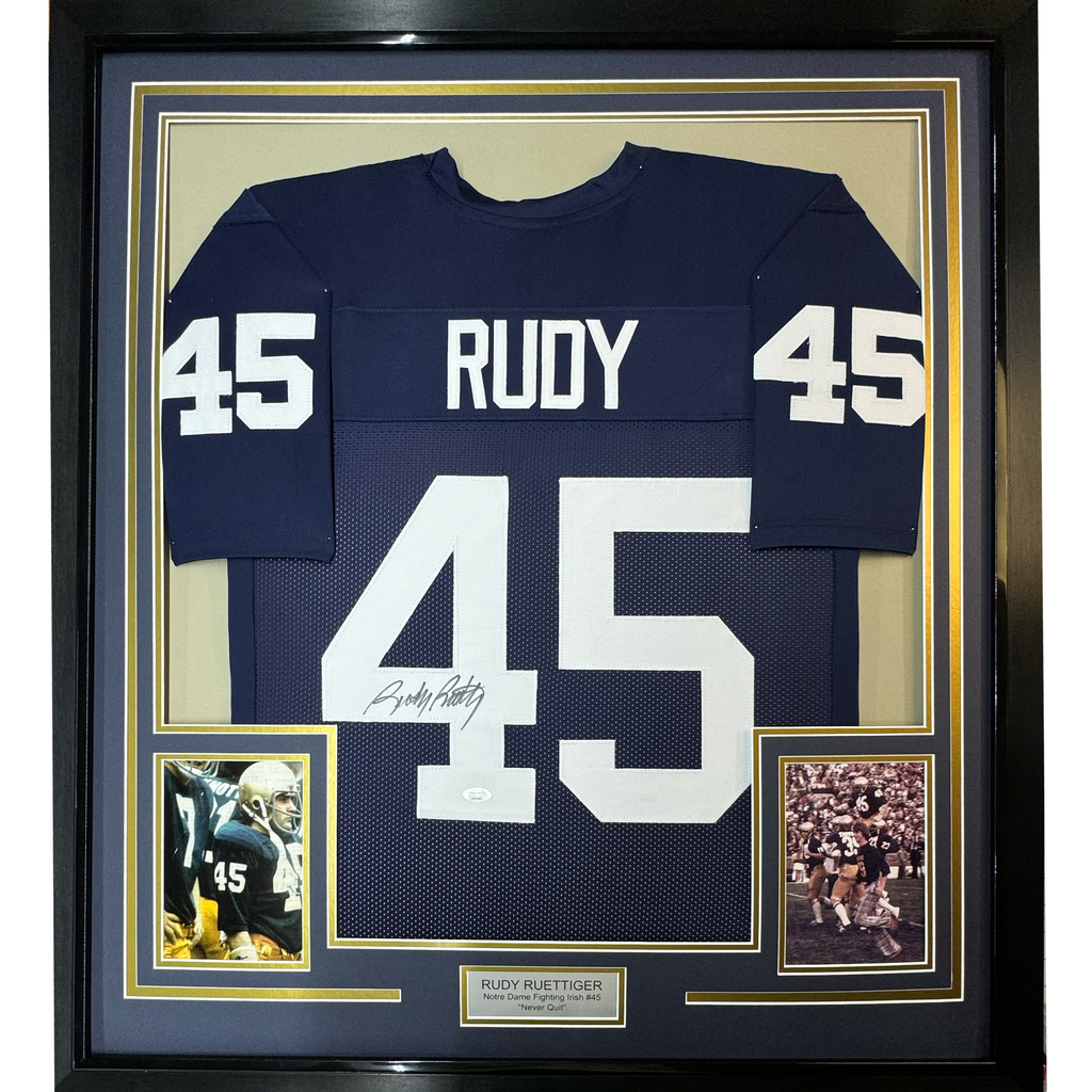 Framed Autographed/Signed Rudy Ruettiger 35x39 Notre Dame Blue Rudy College Football Jersey JSA COA