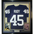 Framed Autographed/Signed Rudy Ruettiger 35x39 Notre Dame Blue Rudy College Football Jersey JSA COA