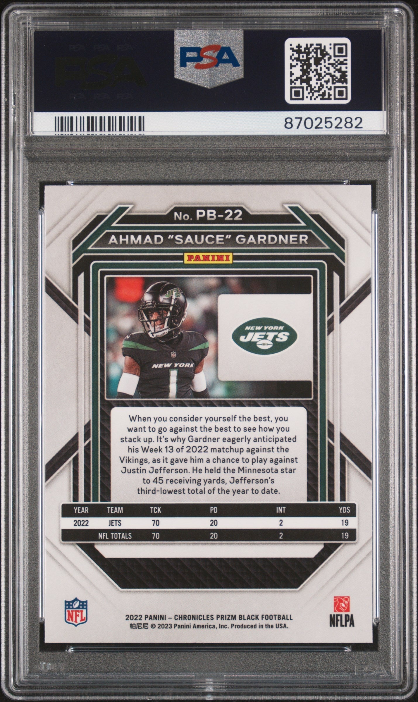 Graded 2022 Panini Chronicles Ahmad Sauce Gardner #PB22 Prizm Black Rookie RC Football Card PSA 10 Gem Mint